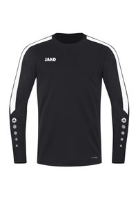T-shirt à manches longues noir avec des rayures blanches sur les côtés, logo de la marque sur la poitrine et boutons d'accent gris sur les manches. Fabriqué en tissu respirant.