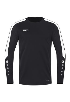 T-shirt à manches longues noir avec des rayures blanches sur les côtés, logo de la marque sur la poitrine et boutons d'accent gris sur les manches. Fabriqué en tissu respirant.