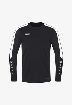 Maglia nera a maniche lunghe con strisce bianche sui lati, logo del marchio sul petto e bottoni grigi a contrasto sulle maniche. Realizzata in tessuto traspirante.