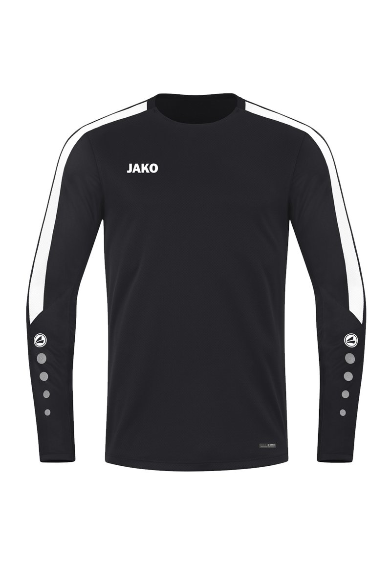 T-shirt à manches longues noir avec des rayures blanches sur les côtés, logo de la marque sur la poitrine et boutons d'accent gris sur les manches. Fabriqué en tissu respirant.