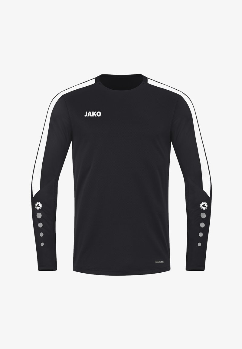 Langärmliges schwarzes Shirt mit weißen Seitenstreifen, Markenlogo auf der Brust und grauen Akzentknöpfen an den Ärmeln. Hergestellt aus atmungsaktiven Stoff.