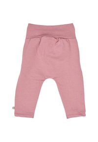 Pink cotton baby pants with a wide, foldable waistband, featuring a smooth texture and tapered legs. Design includes minimal stitching details.