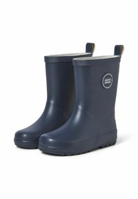 Bottes de pluie en caoutchouc bleu marine avec un bord texturé gris, un patch circulaire avec logo et des languettes pour un enfilage facile. Surface lisse avec une semelle robuste.