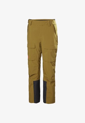 Pantalones cargo marrones con piernas inferiores reforzadas en negro, bolsillos frontales con solapa y tiras ajustables en la cintura.