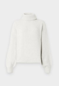 Maglione bianco lavorato a maglia con un alto collo a coste e maniche lunghe a palloncino. Texture morbida con un aspetto leggermente peloso.