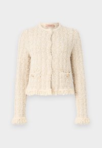 Cardigan crema strutturato con design a bouclé, colletto rotondo, orlo e polsini frangiati, tasche frontali e chiusura a bottoni.