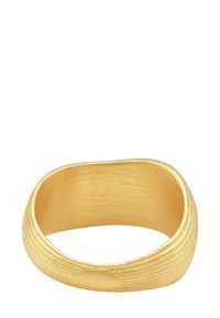 Anello color oro con una finitura liscia e spazzolata e bordi arrotondati. Presenta una sottile linea testurizzata vicino al bordo superiore.