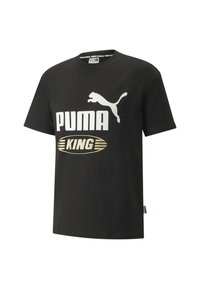 Černé bavlněné tričko s krátkými rukávy a kulatým výstřihem. Obsahuje velký bílý text "PUMA" a logo, s oválným zlatým designem "KING".