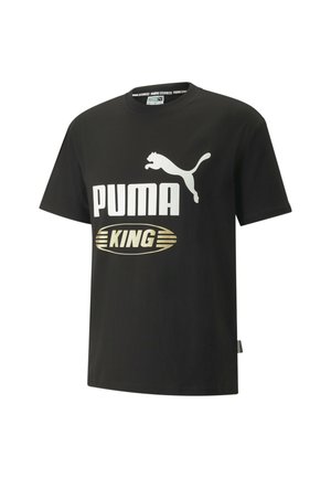 Czarny bawełniany t-shirt z krótkim rękawem i okrągłym dekoltem. Posiada duży, biały napis "PUMA" oraz logo, z owalnym wzorem "KING" w kolorze złotym.