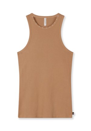 Débardeur marron côtelé avec un col rond orné de perles décoratives le long du col, texture lisse et sans manches.