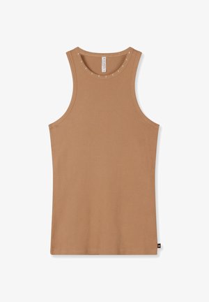 Débardeur marron côtelé avec un col rond orné de perles décoratives le long du col, texture lisse et sans manches.