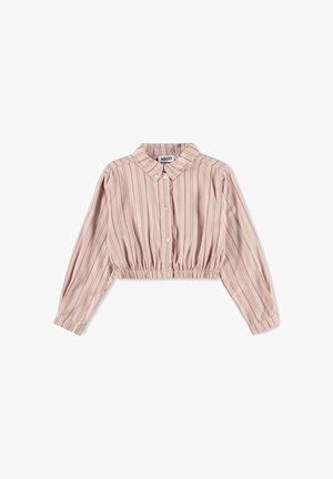 Blusa corta rosa chiaro con sottili righe marroni verticali, maniche lunghe, chiusura con bottoni e orlo elastico arricciato.