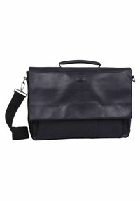 Borsa a tracolla nera in pelle con un coperchio pieghevole, tracolla regolabile e maniglia superiore; presenta una sezione in tessuto a contrasto nella parte inferiore.