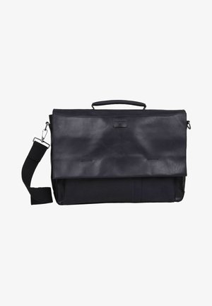 Borsa a tracolla nera in pelle con un coperchio pieghevole, tracolla regolabile e maniglia superiore; presenta una sezione in tessuto a contrasto nella parte inferiore.