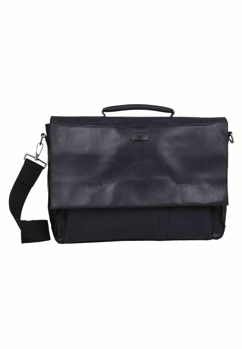 Borsa a tracolla nera in pelle con un coperchio pieghevole, tracolla regolabile e maniglia superiore; presenta una sezione in tessuto a contrasto nella parte inferiore.