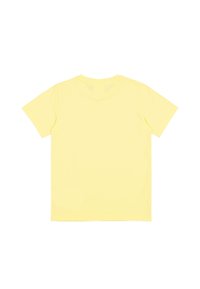 Camiseta de algodón amarilla con mangas cortas, cuello redondo y una textura suave. La parte trasera es lisa, sin estampados ni logotipos.