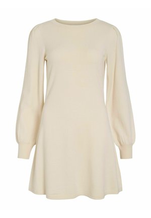 Vestido crema de manga larga con escote redondo, silueta acampanada y sutiles mangas abullonadas. Tejido de punto suave con textura lisa.