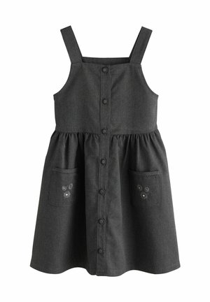 Robe sans manches grise en tissu ressemblant à du denim. Présente des boutons sur le devant, deux poches avec broderies florales et une jupe évasée.