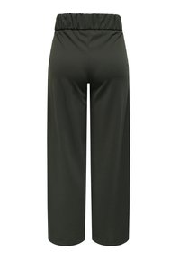 Pantalons larges en tissu lisse et extensible, dotés d'une taille élastique de couleur vert olive foncé, sans motifs ni détails visibles.