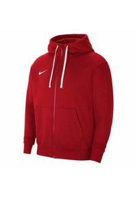 Felpa rossa con zip, dotata di tasca anteriore, coulisse bianche e logo bianco sul lato sinistro del petto. Realizzata in tessuto morbido e texturizzato.