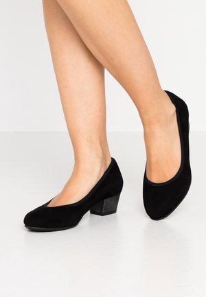 Jambes portant des chaussures en daim noir à talon bas bloc, debout sur une surface blanche lisse avec un fond clair uni.