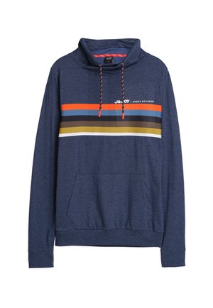 Marineblauwe hoodie met een hoge kraag, contrasterend gestreept ontwerp op de borst in oranje, blauw, bruin en geel, met een buidelzak en een trekkoord.