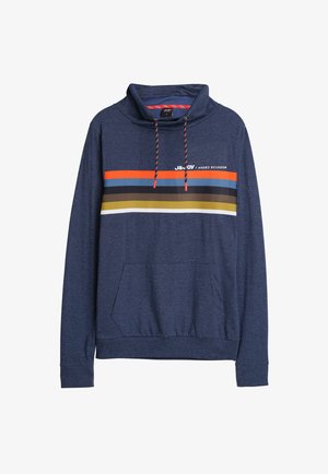 Marineblauwe hoodie met een hoge kraag, contrasterend gestreept ontwerp op de borst in oranje, blauw, bruin en geel, met een buidelzak en een trekkoord.