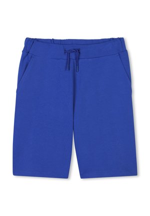 Blaue Shorts aus weichem Stoff, mit elastischem Bund, Kordelzug und zwei Seitentaschen. Glatte Textur, gerade Beinform.