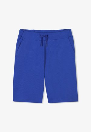 Shorts bleus en tissu doux, dotés d'une taille élastique, d'un cordon de serrage et de deux poches latérales. Texture lisse, design à jambes droites.