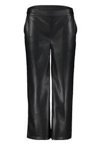 Svarta läderbyxor med rak ben-design, mjuk textur, lätt glans och sidöppningar vid fållen för extra detalj.