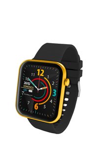 Montre intelligente carrée avec un bracelet noir, un boîtier doré et un écran numérique coloré affichant des motifs circulaires et des indicateurs numériques.