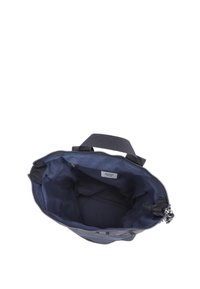 Marinblå tote-väska med dragkedjestängning, textilutvändighet och korta handtag. Insidan har ett huvudfack och en etikett.