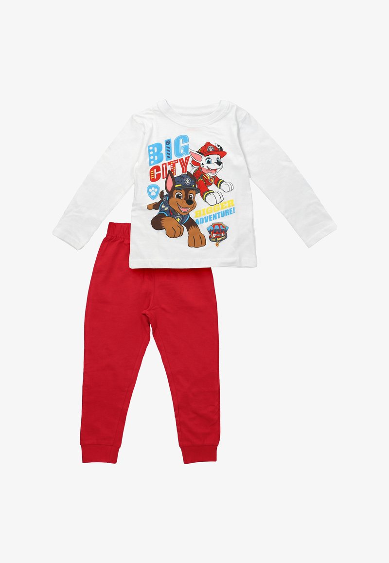 Bawełniany dwuczęściowy zestaw piżamowy składający się z białej bluzki z długim rękawem z postaciami z kreskówek oraz czerwonych spodni z elastycznym pasem.