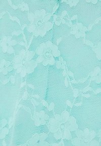 Ljus turkos spetstyg med blommönster, intrikata detaljer och en genomskinlig textur.