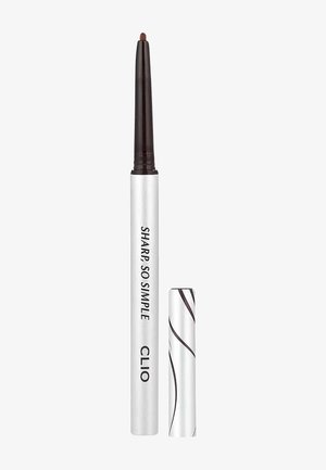 Crayon eye-liner rétractable brun foncé avec un boîtier blanc, un motif spirale noire sur le capuchon, et le texte "SHARP SO SIMPLE CLIO" sur le corps.