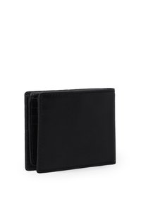 Black leather wallet with a rectangular shape, featuring multiple card slots and smooth texture. Minimalist design with stitching details.