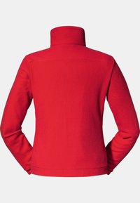 Veste rouge à manches longues avec col montant, vue de dos, en tissu texturé.