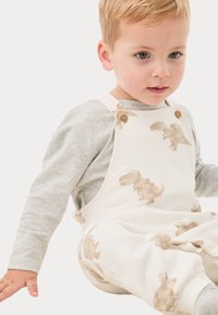 Beige Latzhose mit Dinosaurier-Muster aus weichem Stoff, mit Holzknöpfen, getragen über einem hellgrauen Langarmoberteil.