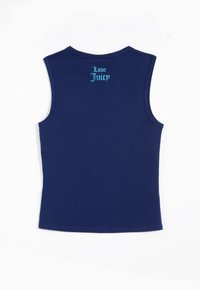 Tamsiai mėlynas be rankovių marškinėlis, pagamintas iš medvilnės, su apvalia apykakle. Viršutinėje nugaros dalyje siuvinėjimas "Love Juicy" turkio spalva.