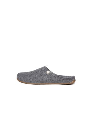 Gray felt slipper with a rounded shape, open heel, and a white decorative accent. The sole is brown and textured for grip.