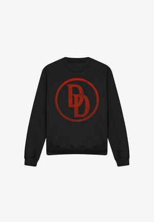 Black sweatshirt featuring a distressed red circular logo with "DD" initials at the center. Classic crew neckline and ribbed cuffs.