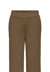 Pantaloni larghi marroni realizzati in tessuto morbido. Presentano una vita elastica e due tasche laterali. Tessuto liscio con una vestibilità rilassata.