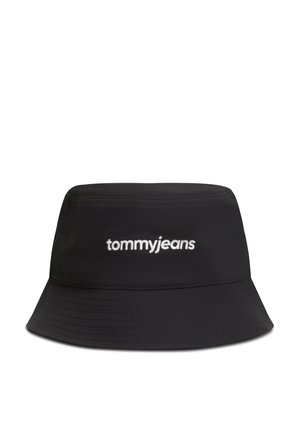 Sort bucket hat med hvidt "tommyjeans" logo broderet foran, med syet kantdetalje.