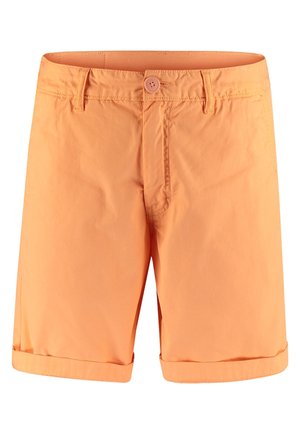 Oranje katoenen shorts met een enkele knoop aan de voorkant, riemlussen en een omgeslagen zoom. Heeft schone naden en een soepele textuur.