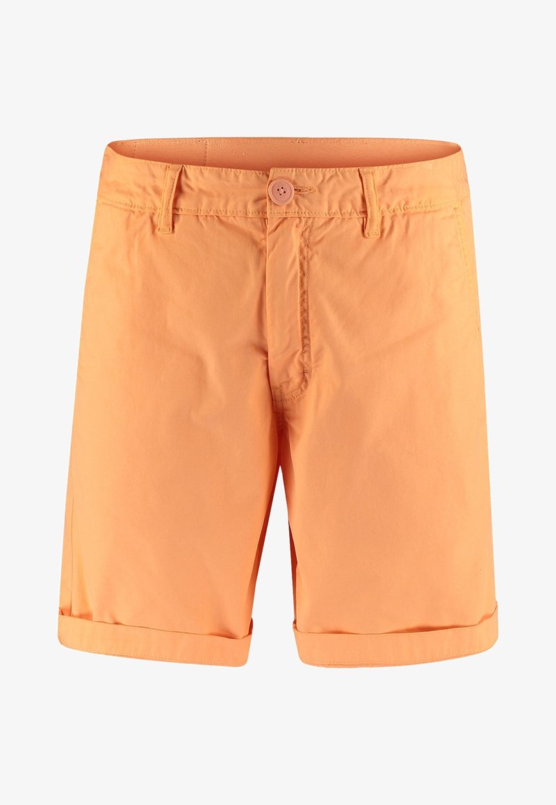 Shorts en coton orange avec un bouton à l'avant, des passants de ceinture et un ourlet roulé. Présente des coutures propres et une texture lisse.