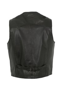 Schwarze Lederweste mit einer glatten Textur, hoher Rücken, taillierte Form und einer Schnalle an der Taille. Keine weiteren Verzierungen.