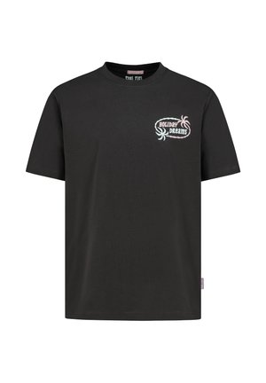 Black short-sleeve T-shirt with small "Holiday Dreams" text and palm tree graphic on the upper left chest.