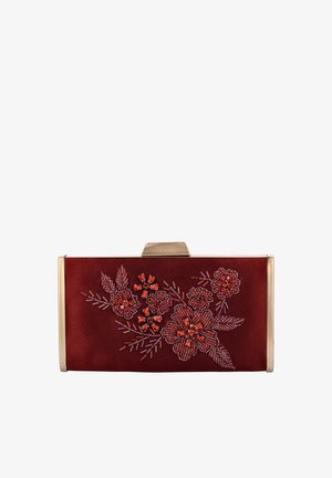 Red velvet clutch with gold metal hardware, featuring floral bead embroidery in shades of red and pink, and a rectangular shape.