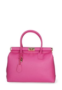 Borsa in pelle rosa con un design strutturato, manici arrotondati e una chiusura in tono oro. Presenta un piccolo etichetta e una texture granulosa.