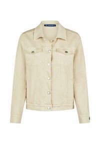 Beige Jeansjacke mit klassischem Kragen, Knopfverschluss, zwei Brusttaschen und langen Ärmeln. Glatte Textur mit silbernen Hardware-Akzenten.